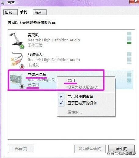 看到“立体声混音”选项，在上面右键，选择“启用”