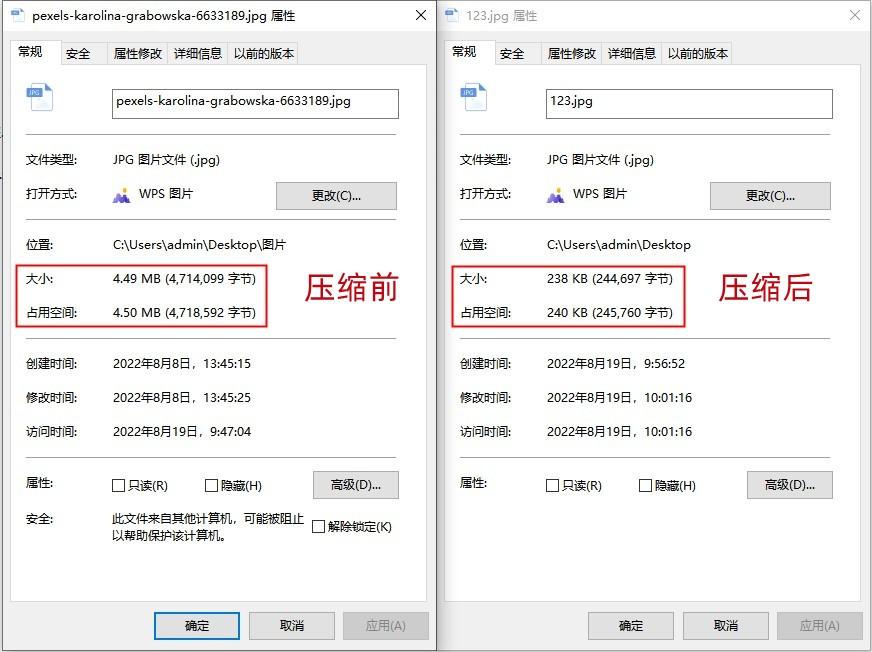 我们来看一下压缩前后图片文件的大小对比，从原先的4.49M压缩到了238k